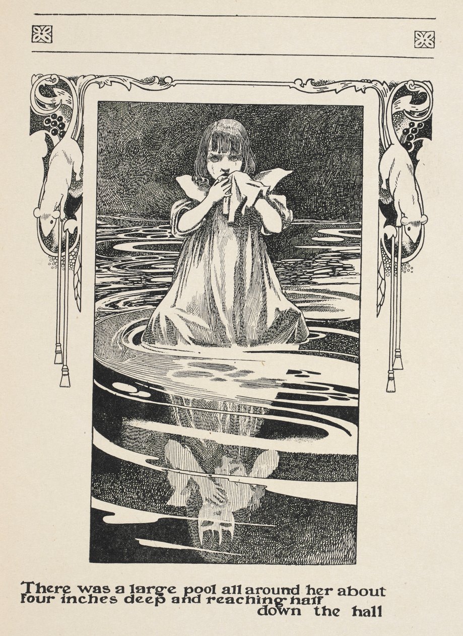 Havia uma grande piscina à sua volta, com cerca de cinco centímetros de profundidade e que chegava a metade do corredor.
A Alice estava a chorar na poça de lágrimas. de Charles Robinson