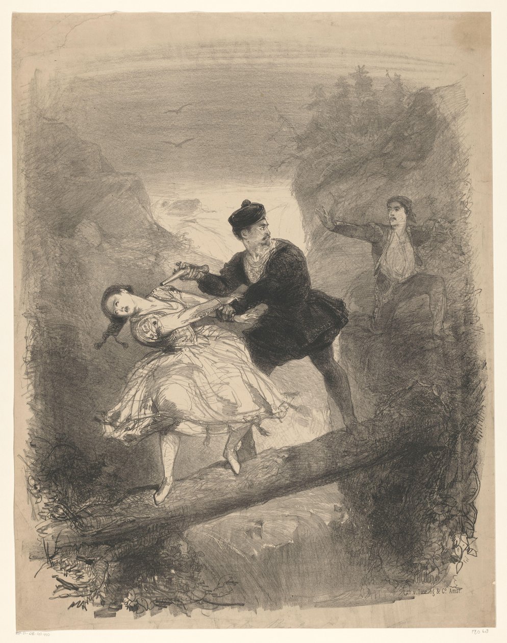 Cena de balé com homem e mulher acima do abismo Ingressos de anúncio para balés e peças apresentadas no Amsterdam City Theatre (título da série) de Charles Rochussen