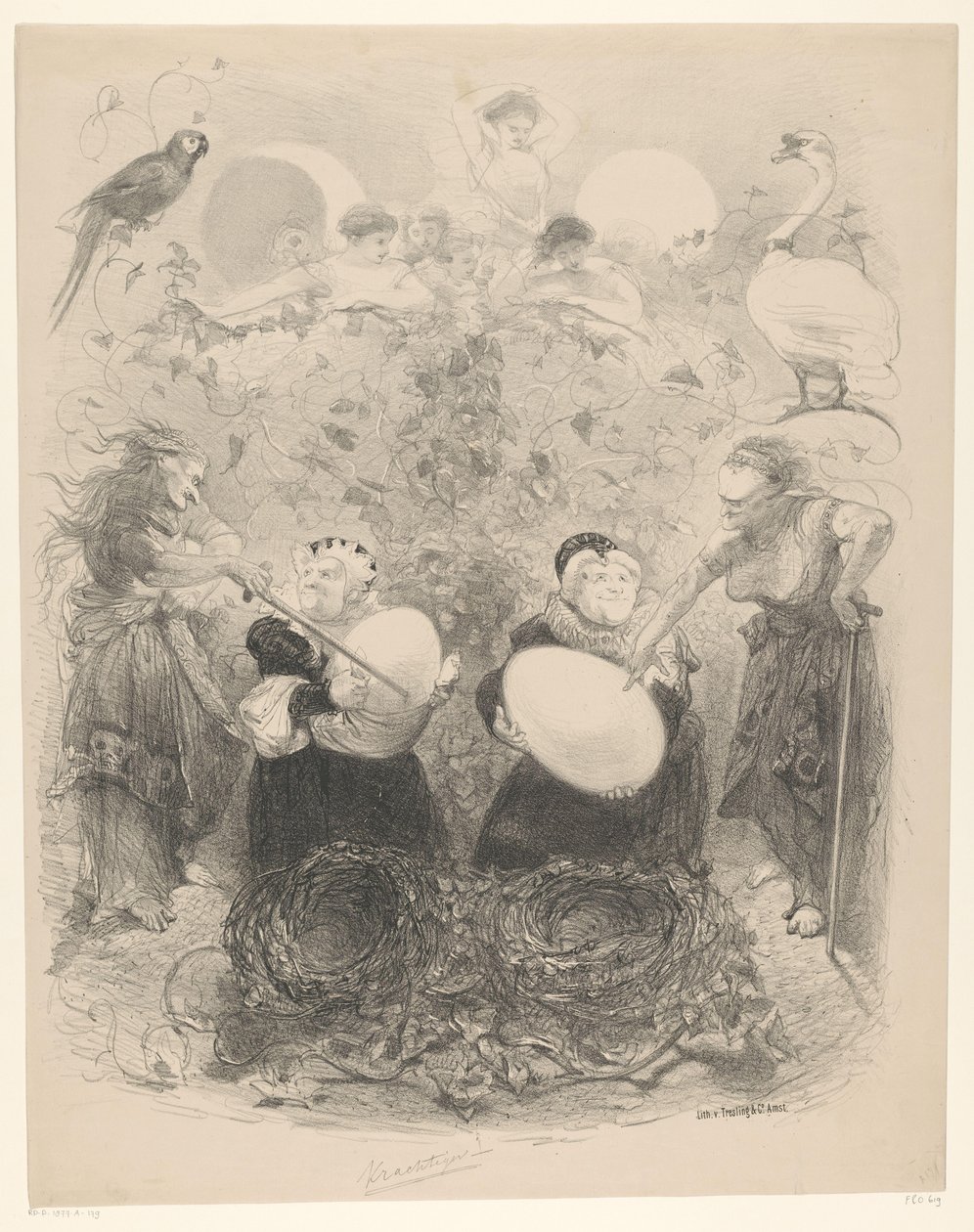 Cena de ballet com mulheres idosas carregando ovos
Anúncios de ballets e peças de teatro no Teatro da Cidade de Amesterdão (título da série) de Charles Rochussen
