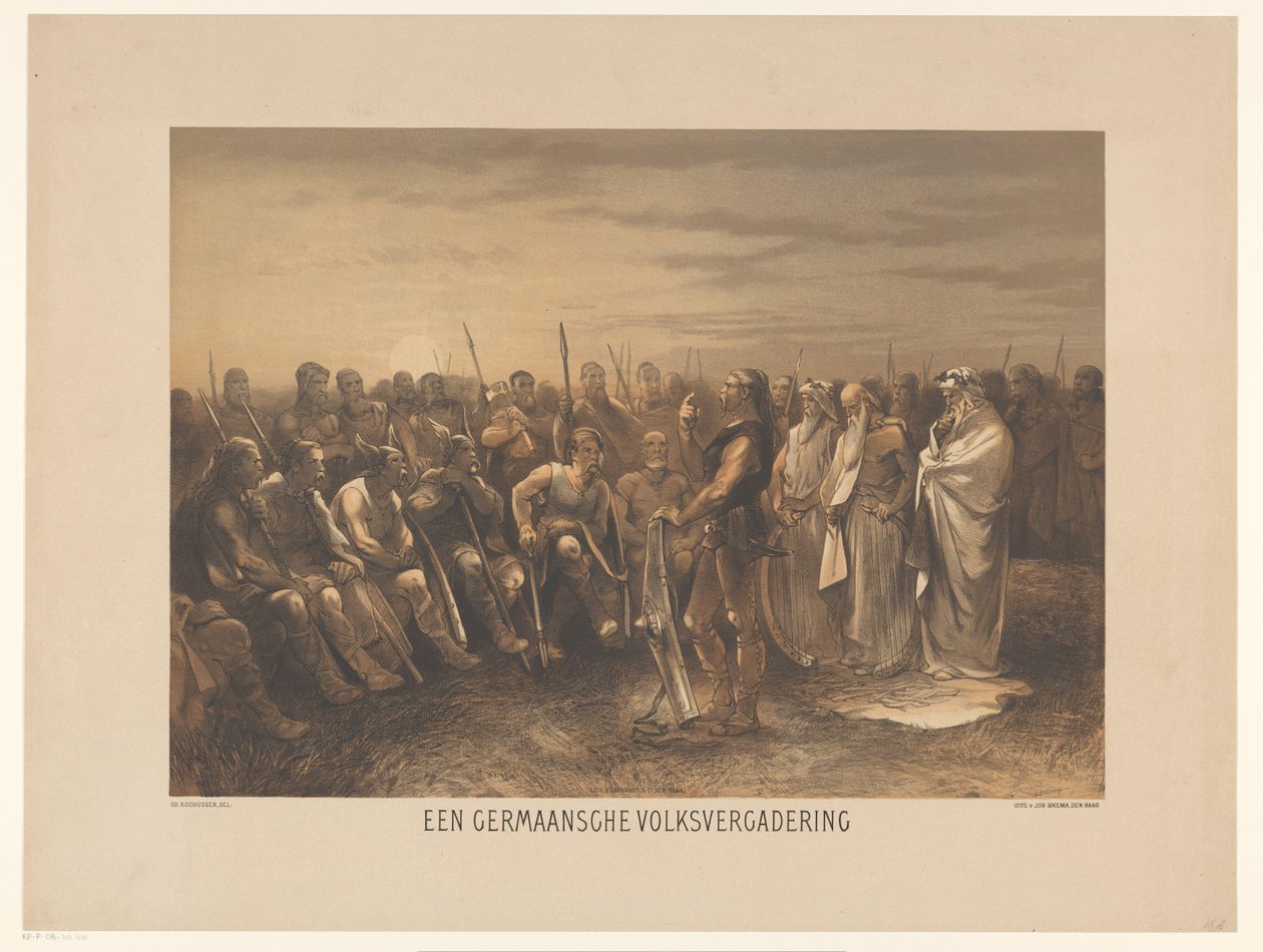 Assembléia Germânica A Assembléia do Povo Germânico (título no objeto) Série de vinte e quatro placas de história nacional, para Escola e Casa (título da série) de Charles Rochussen
