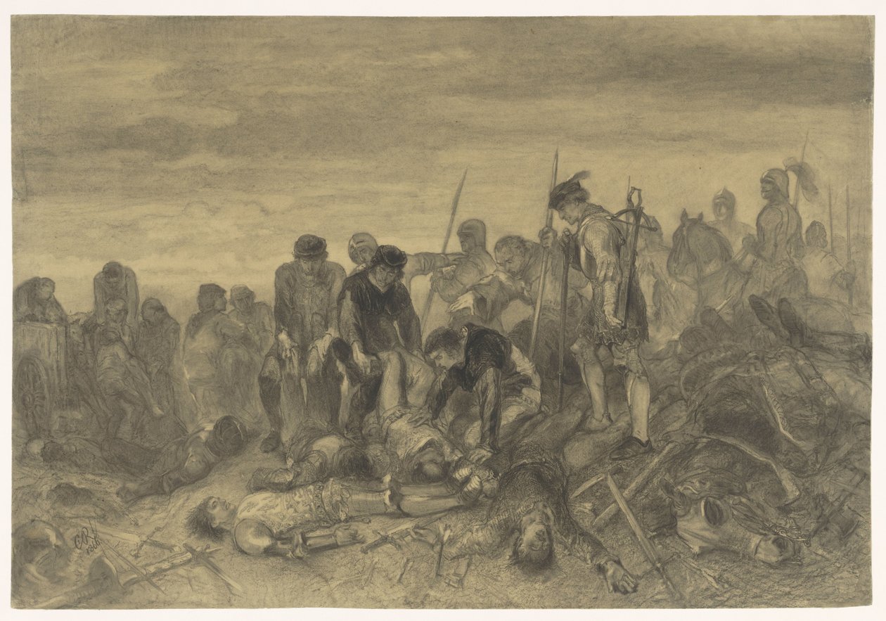 O cadáver de Ricardo III, Rei de Inglaterra, encontrado no campo de batalha de Bosworth, 1485 de Charles Rochussen