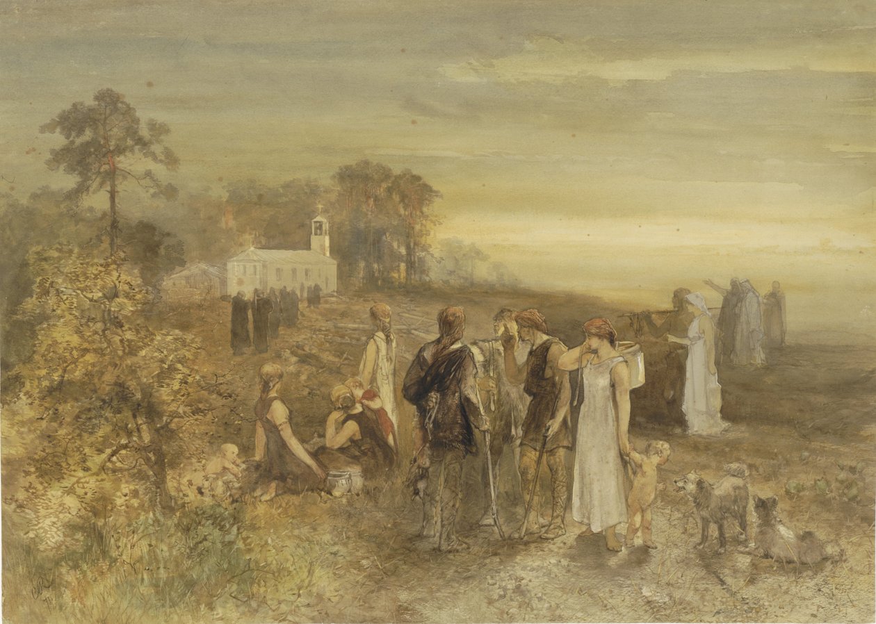 Os monges dirigem-se a uma igreja, observados por um grupo de germanos de Charles Rochussen