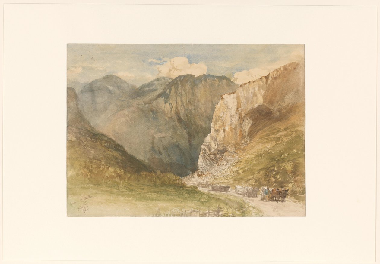 Carrinhos de bois numa estrada entre as montanhas no cantão de Sankt Gallen de Charles Rochussen