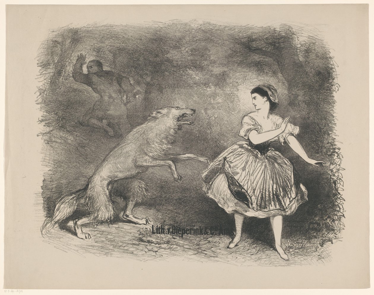 Cena de ballet Little Red Riding Hood and the Wolf
Anúncios de ballets e peças de teatro no Teatro da Cidade de Amesterdão (título da série) de Charles Rochussen