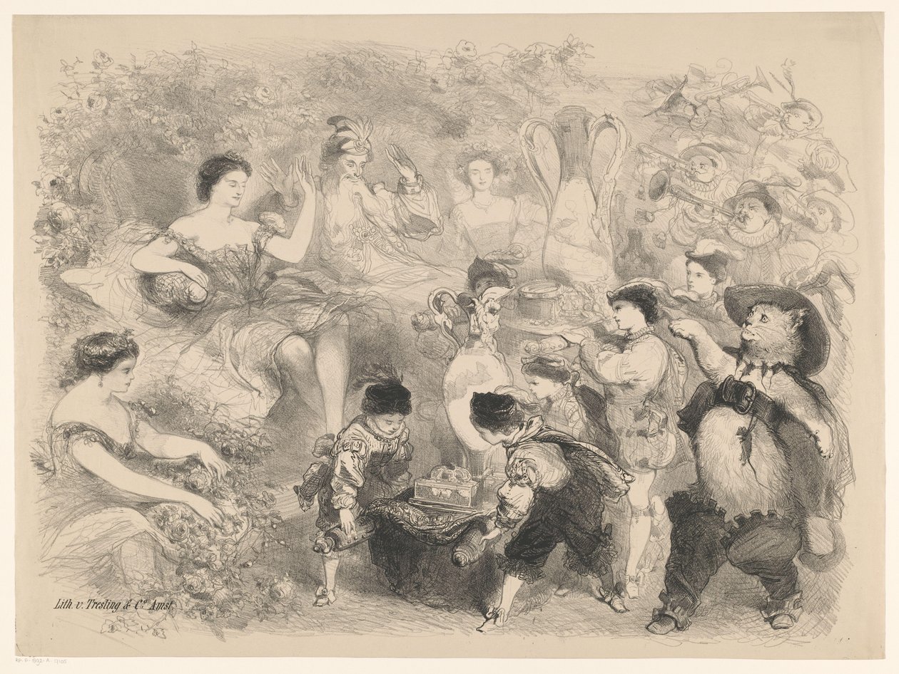 Cena da peça Gato de Botas Anúncios de balés e peças apresentadas no Amsterdam City Theatre (título da série) de Charles Rochussen