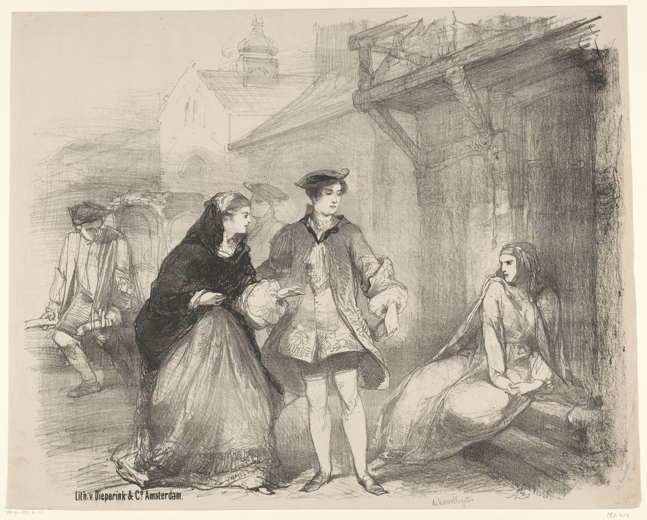 Cena da peça O leitor de cartas
Anúncios de ballets e peças de teatro no Teatro da Cidade de Amesterdão (título da série) de Charles Rochussen