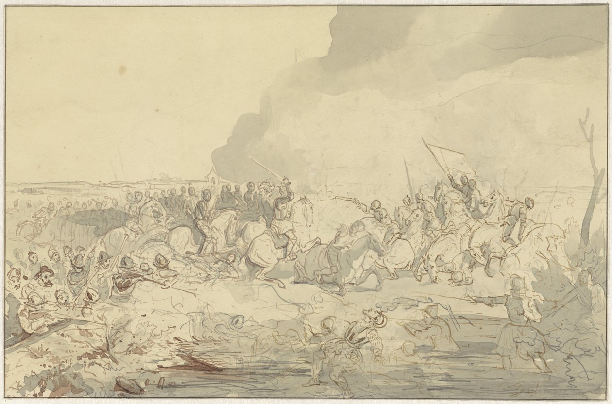 Batalha entre a cavalaria e os criados de libré em vestido do século XVI de Charles Rochussen