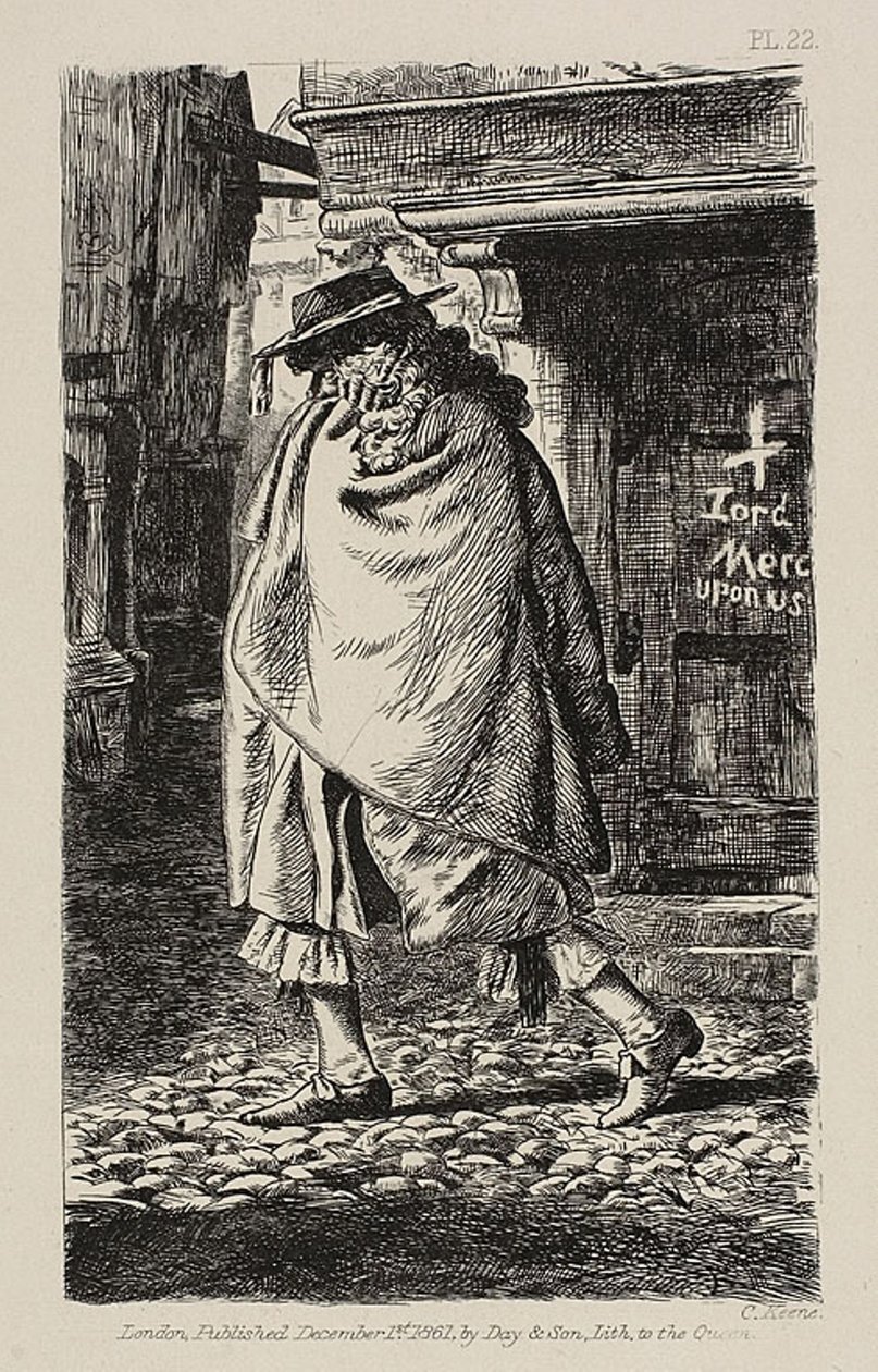 Uma figura encapuzada passando pela rua (na época da peste em Londres) de Charles Samuel Keene