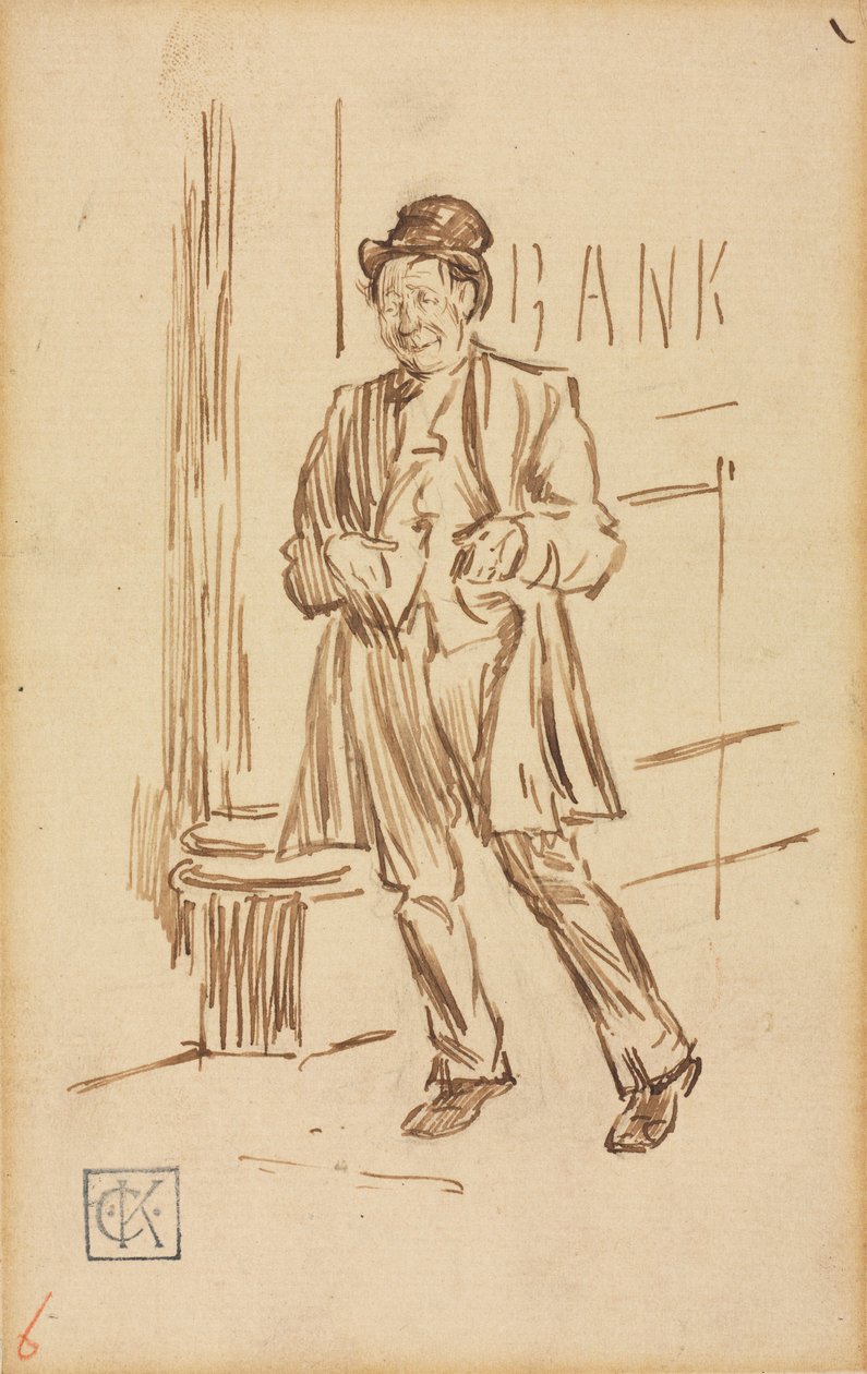 Estudo de um homem bêbado passando por um banco. de Charles Samuel Keene
