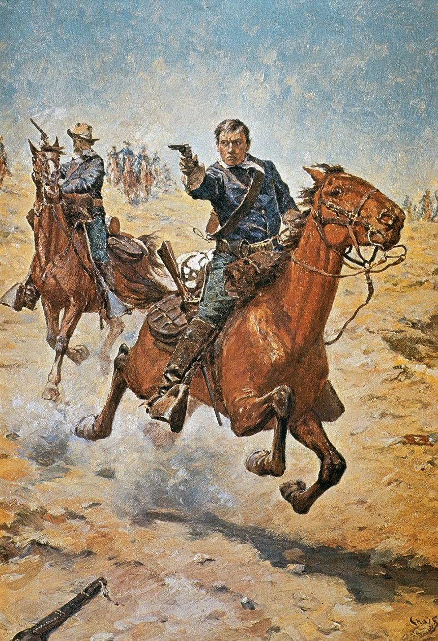 Morto Claro: um soldado de cavalaria dos Estados Unidos na década de 1870 (cor litho) de Charles Schreyvogel