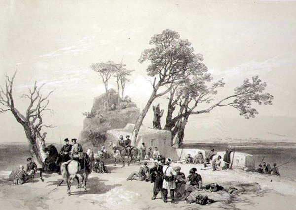Panjab: Posto avançado de Rhodawala ocupado pelos Piquetes Britânicos em 10 de Fevereiro de 1845, placa 8 de "Recollections of India", gravada por James Duffield Harding (1798-1863) 1847 (litho) de Charles Stewart (after) Hardinge