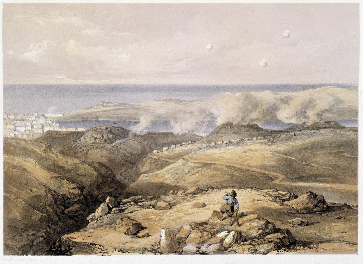 Baterias russas em "Sebastopol" de CH.Hardinge. Litho por Vincent Brooks, d. London 1855 Henry Graves. de Charles Stewart Hardinge