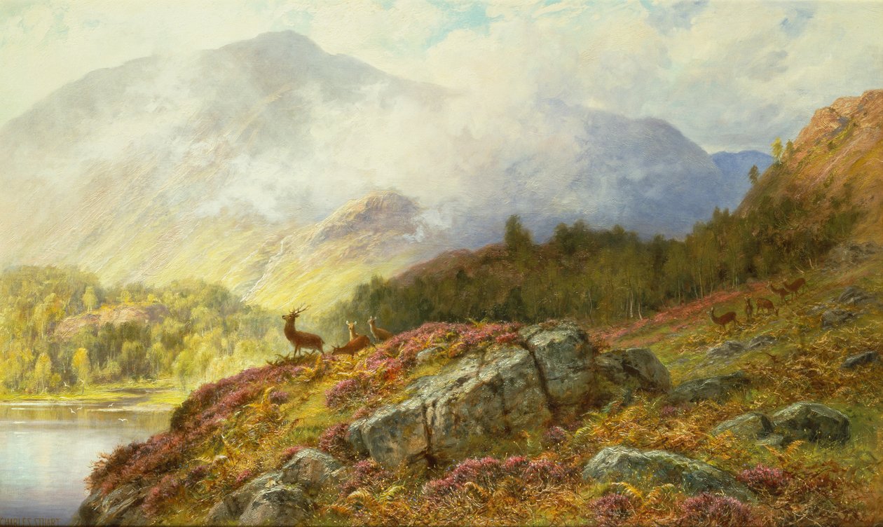 Veado numa paisagem montanhosa (óleo sobre tela) de Charles Stuart