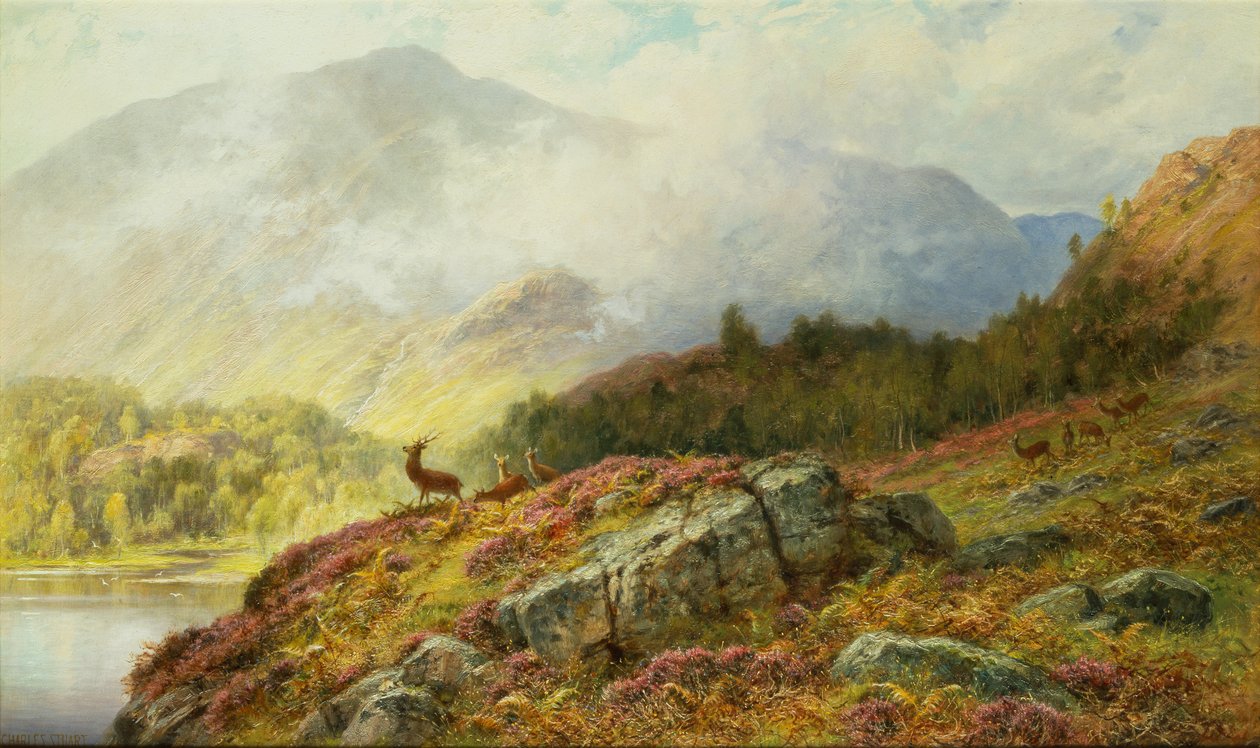Veado numa paisagem montanhosa (óleo sobre tela) de Charles Stuart