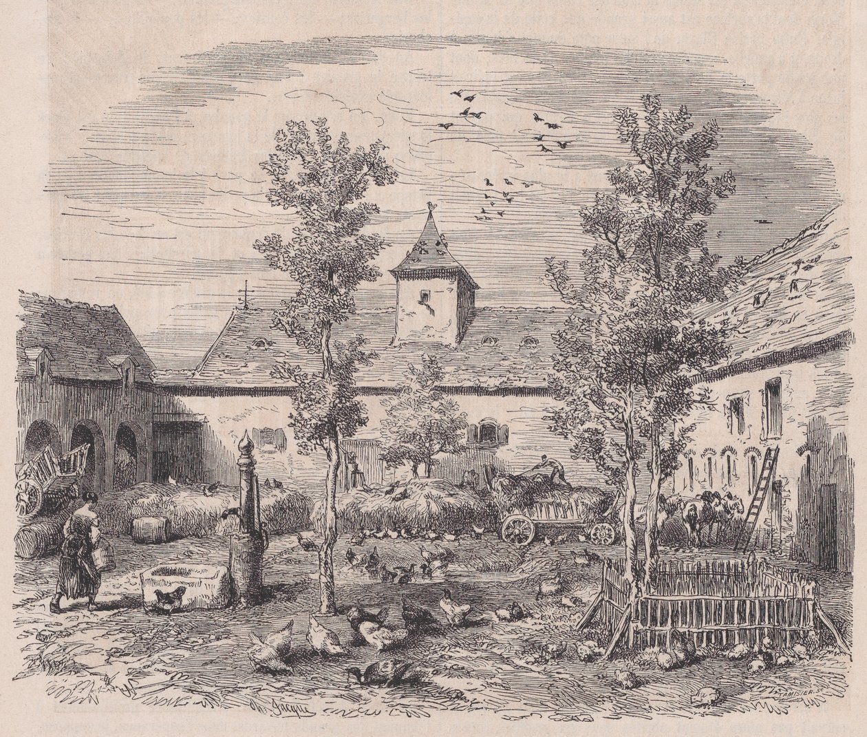 Vista interior de uma fazenda, de Le Magasin Pittoresque, ca. 1852. de Charles Tamisier