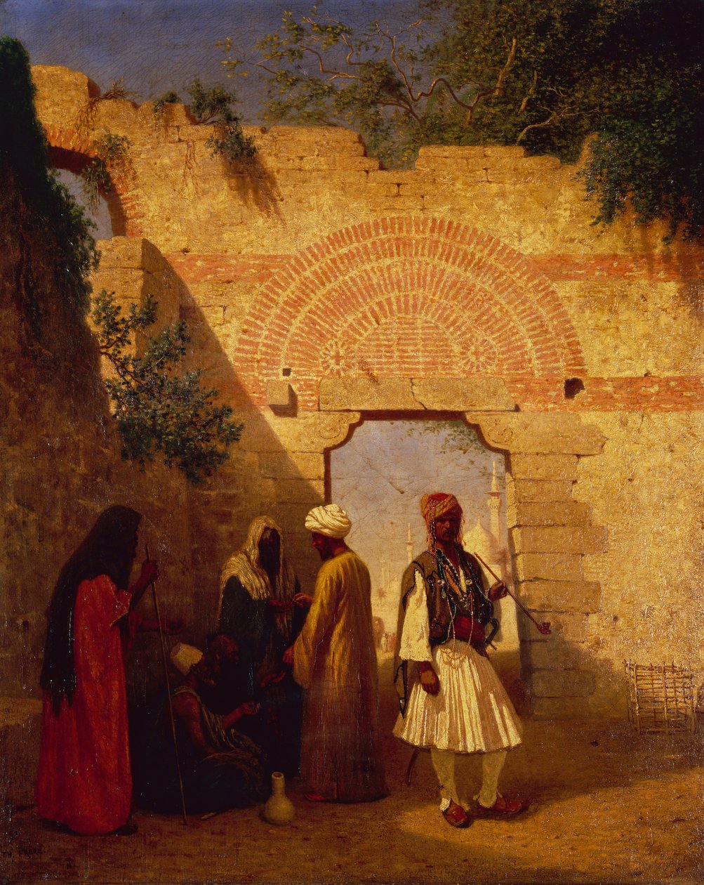 Árabes em frente a um portão, Damasco, Síria (óleo sobre tela) de Charles Theodore  Frere