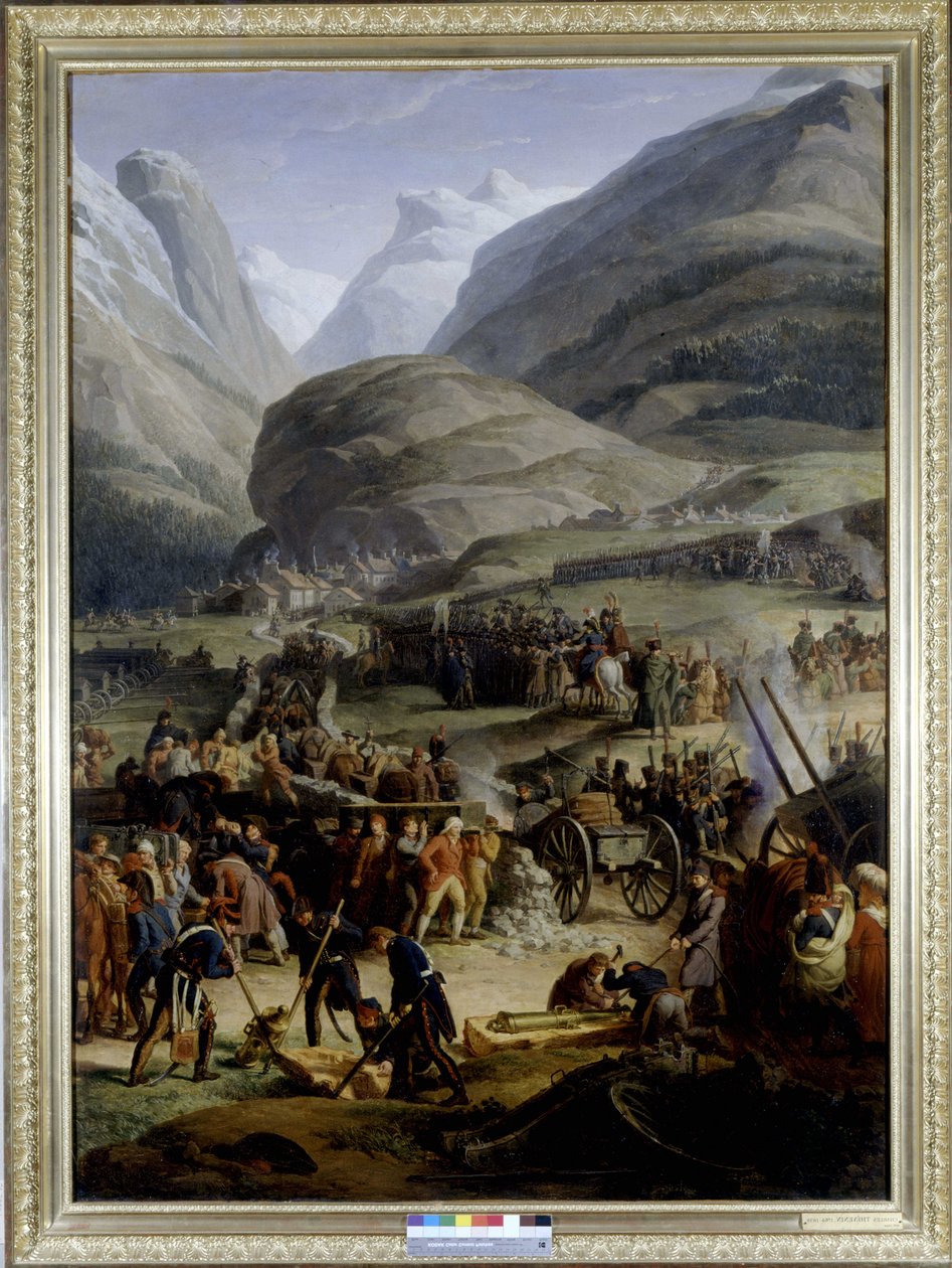 O exército francês na vila de Saint Pierre para a travessia da passagem de Saint Bernard - por Charles Thévenin, pintura a óleo, início do século XIX. de Charles Thevenin