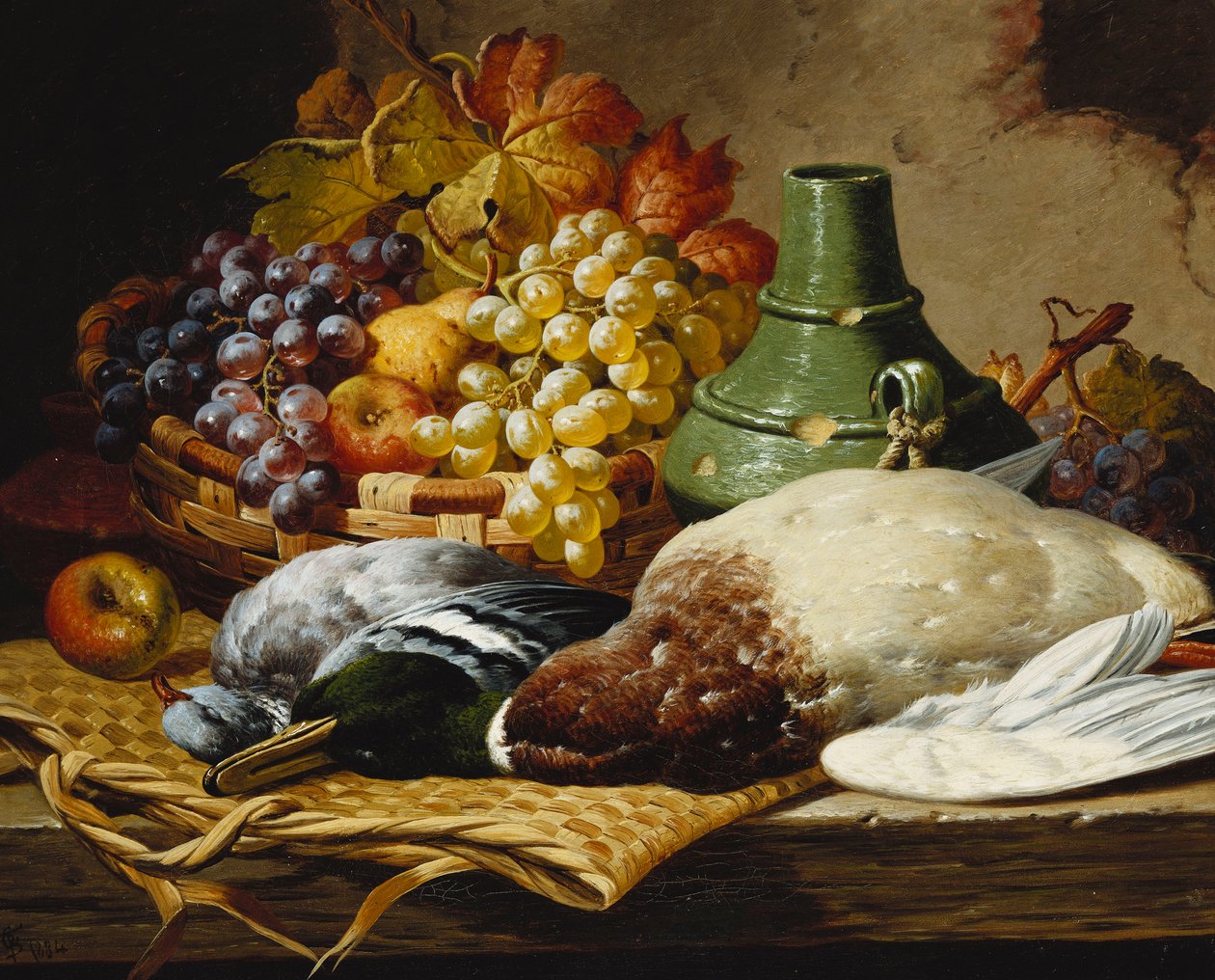 Um pato-real e um pombo com uma cesta de maçãs e uvas em uma borda de madeira, de Charles Thomas Bale