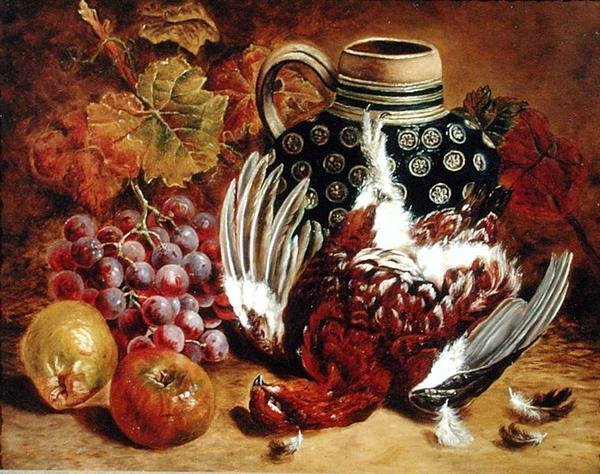 Natureza Morta de Uvas, Maçãs, Morto Grouse e um Jarro Azul (óleo sobre tela) de Charles Thomas Bale