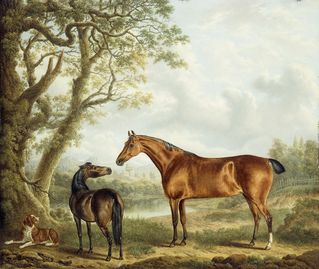 Caçadores e um Spaniel em uma paisagem extensa, 1827 de Charles Towne