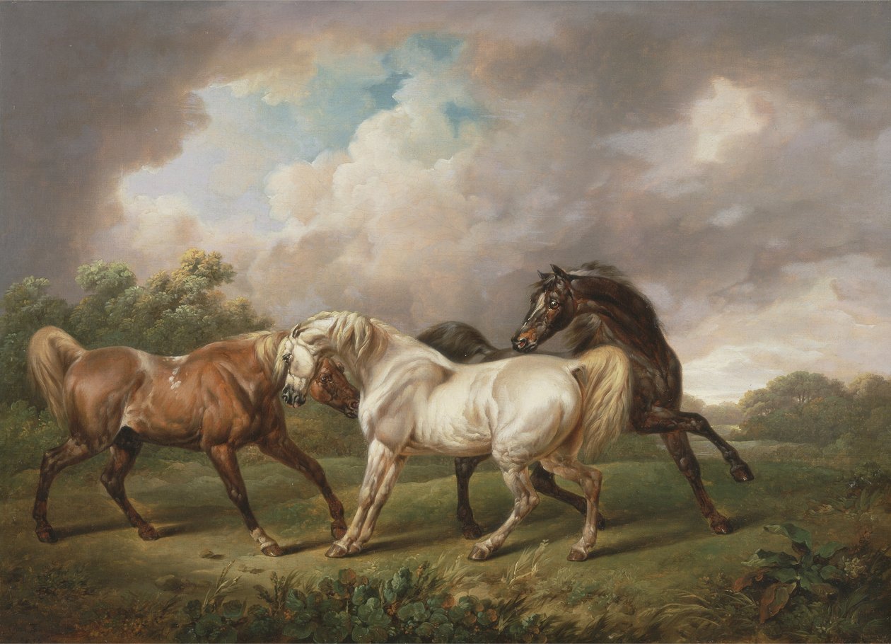 Três cavalos em uma paisagem tempestuosa (óleo sobre tela) de Charles Towne