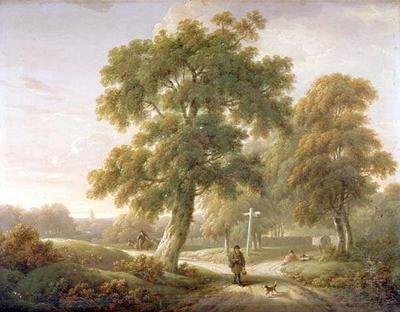 Viajantes em uma encruzilhada em uma paisagem arborizada de Charles Towne