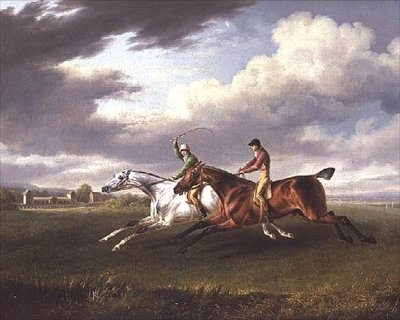 Dois Cavalos de Corrida com Jockeys levantados, Exercitando em uma Paisagem (óleo sobre tela) de Charles Towne
