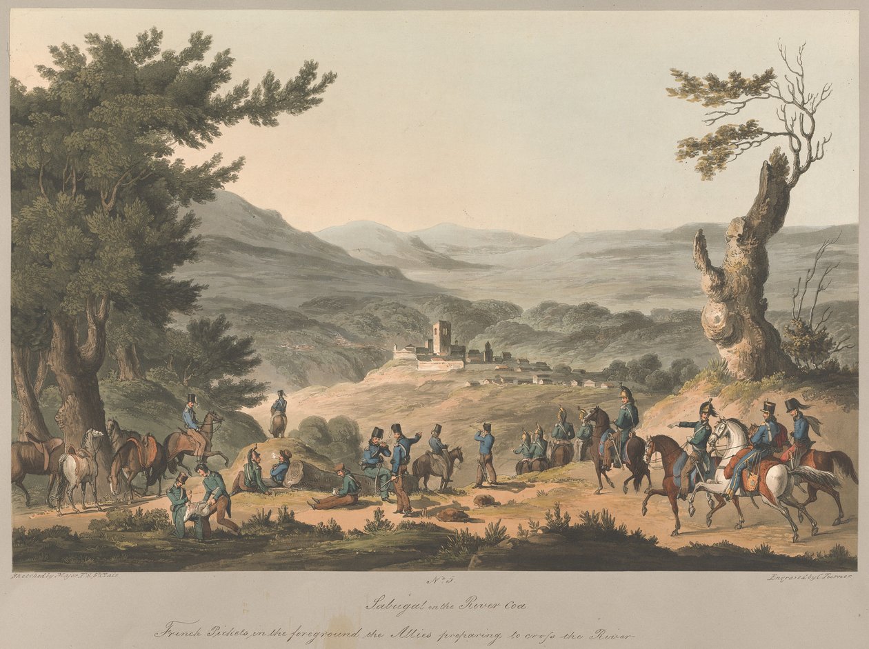N.º 5  Sabugal, no rio Coa. Piquetes franceses em primeiro plano; os Aliados preparam-se para atravessar o rio. de Charles Turner