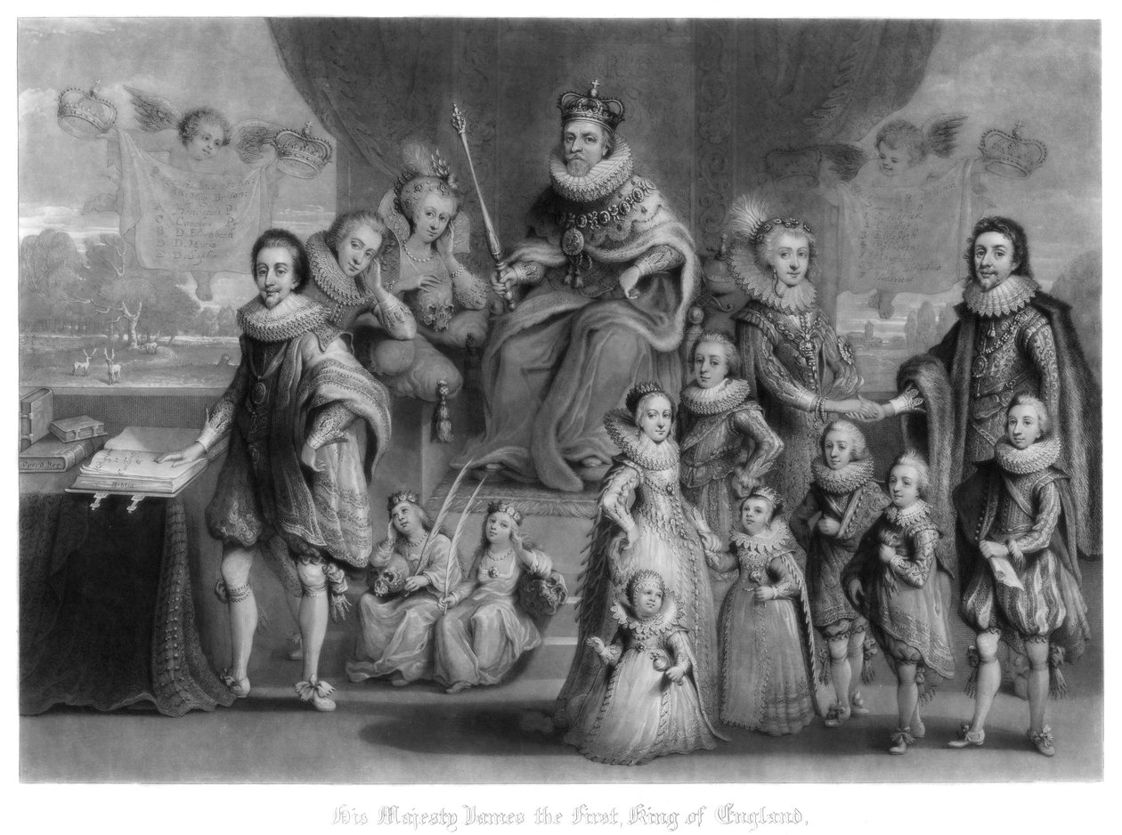 A família do rei Jaime I da Inglaterra, Escócia e Irlanda, 1816. de Charles Turner