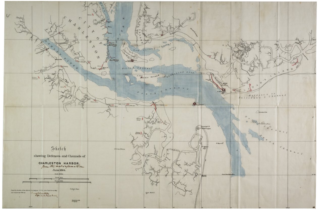 Esboço mostrando as defesas e canais de Charleston Harbour, junho de 1864 (tinta sobre oleado) de Charles V. Bartelle