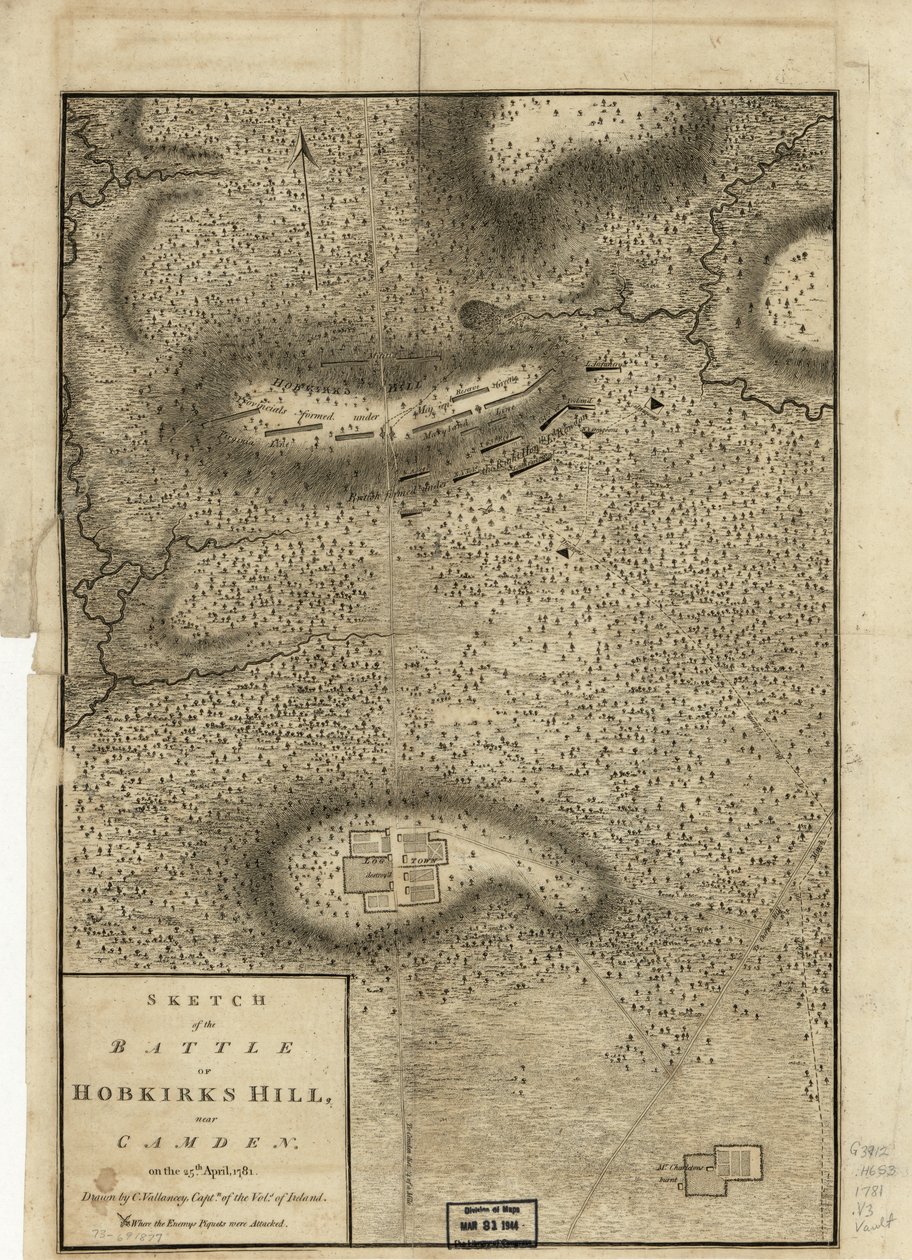 Esboço da Batalha de Hobkirks Hill, perto de Camden, em 25 de abril de 1781, publicado em Londres, em 1794 de Charles Vallancey
