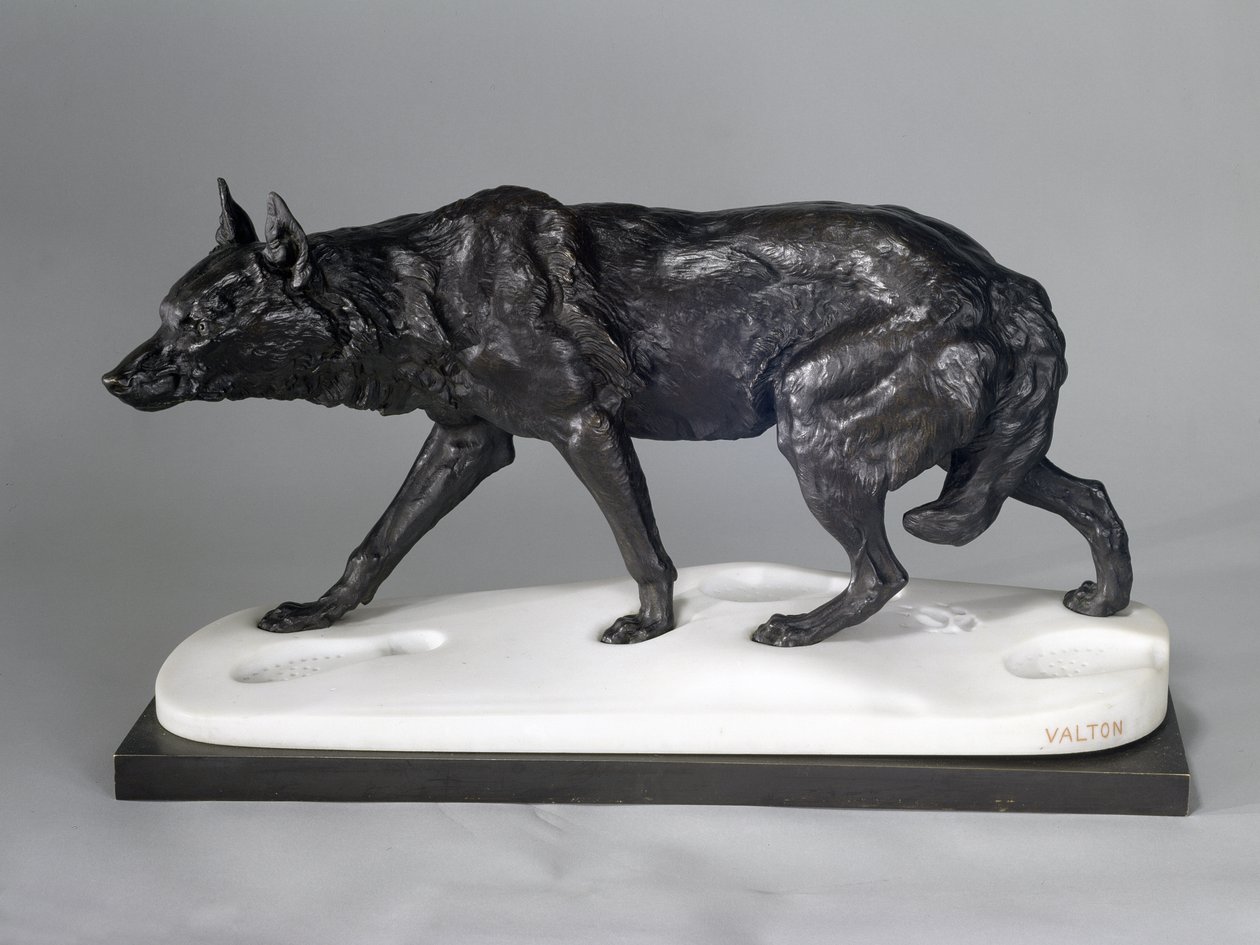 Rastreamento de lobo na neve (bronze, metal e mármore) de Charles Valton