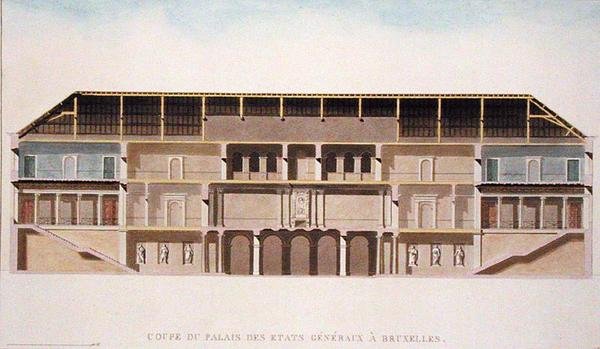 Cross Section of the Palais des Etats Generaux, Bruxelas, de "Choix des Monuments, Edifices et Maisons les plus remarquables du Royaume des Pays-Bas" de Pierre Jacques Goetghebuer, publicado em 1827 (aquatint) (ver também 189231) de Charles Vander Straeten