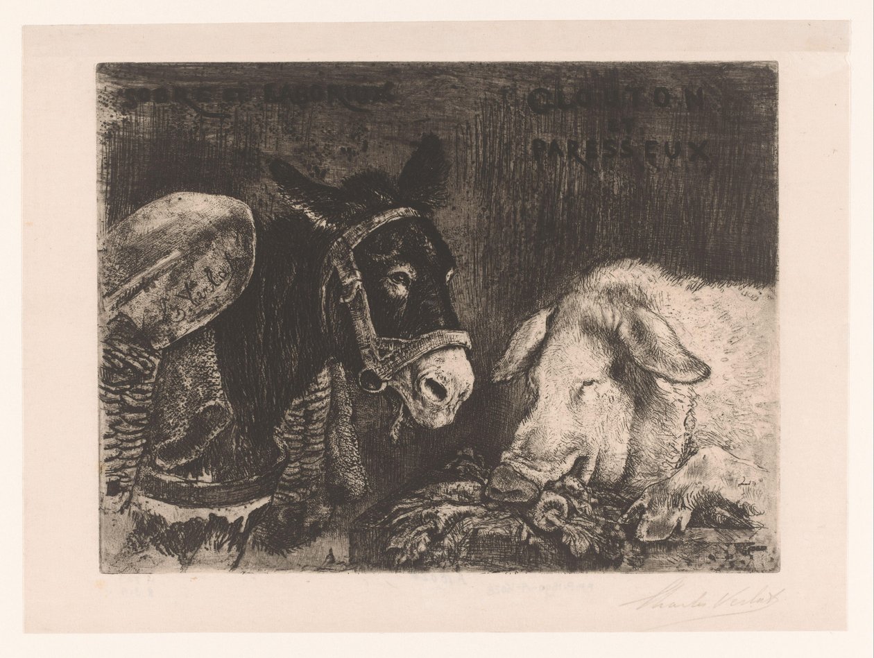Ezel en zwijn Sóbrio e trabalhador, Glutão e preguiçoso (título no objeto) de Charles Verlat