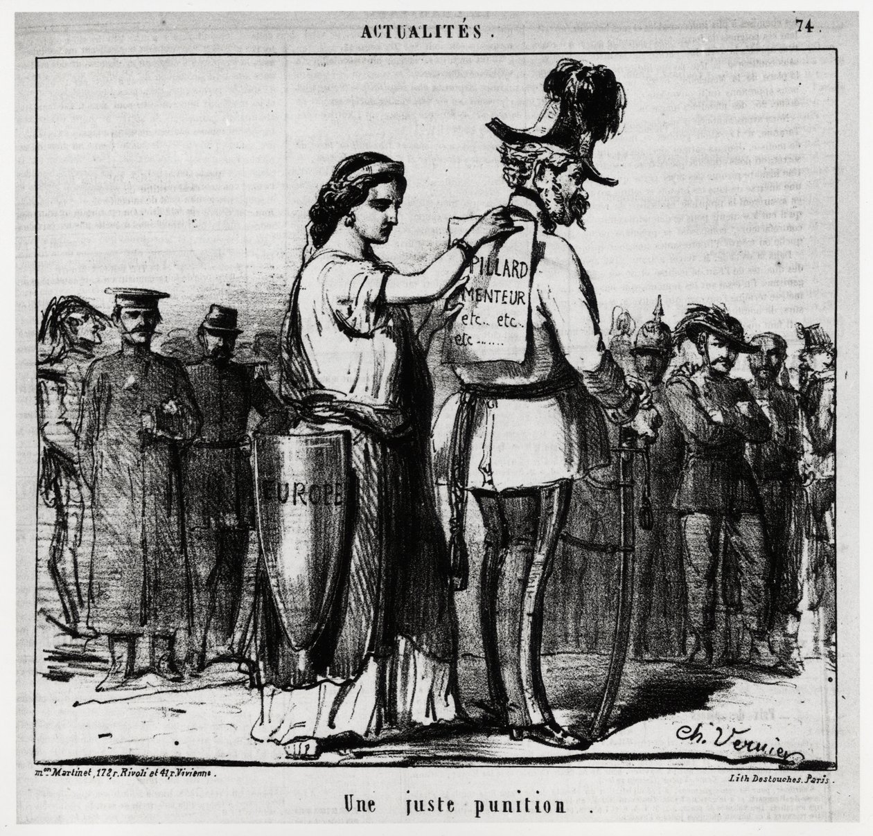 Um castigo justo: A Europa anexa uma placa com a inscrição "travesseiro, mentiroso, etc" no verso de uma personagem vestindo um uniforme austríaco, usando bigodes e favoritos (Imperador Francisco José I da Áustria 1830-1916). Ilustração de Charles Vernier  de Charles Vernier