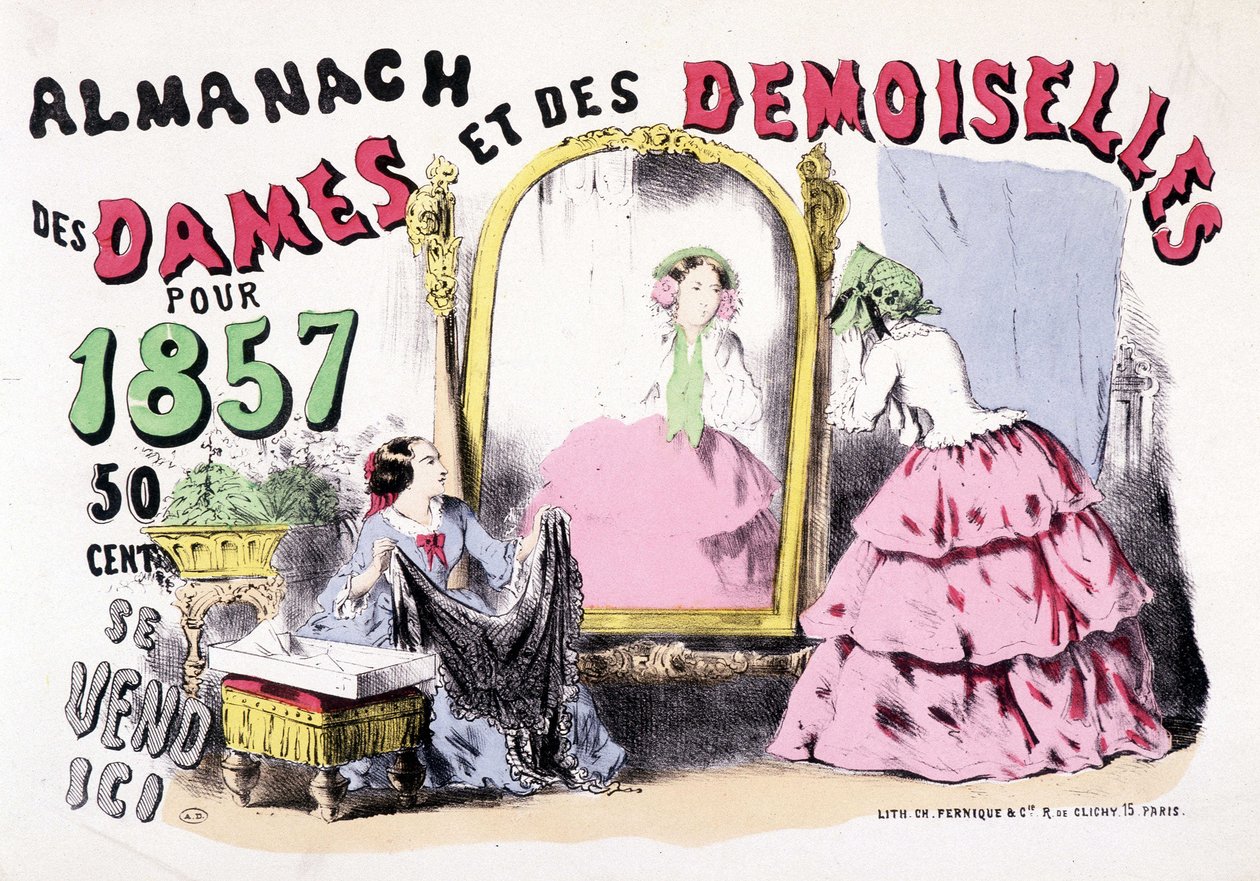 Cartaz publicitário para o Almanach das Senhoras e Senhoras para 1857 (meninas em frente a um armário de gelo), 50 cêntimos de Charles Vernier
