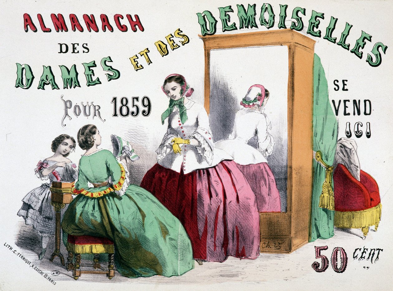Cartaz publicitário para o Almanach das Senhoras e Senhoras para 1859 (jovens raparigas a falar trapos em frente a um armário de gelo), 50 cêntimos de Charles Vernier