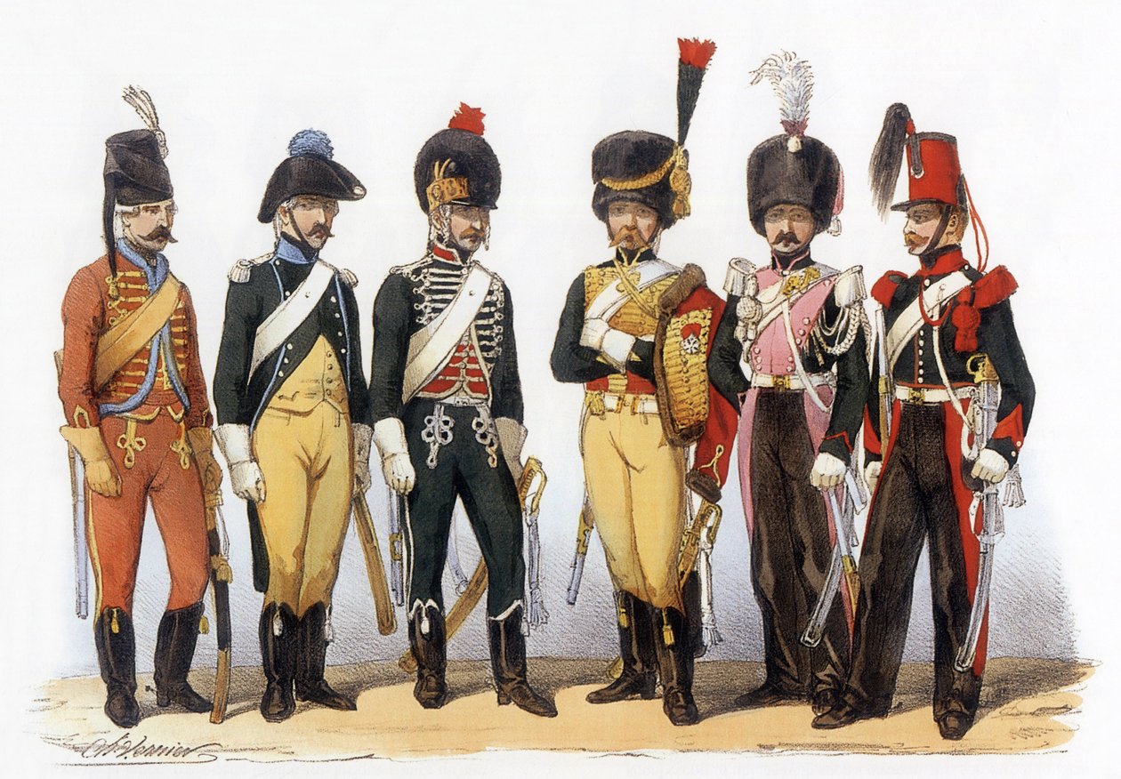Trajes do exército francês: Lanceiros g-d: 1745 caçador de arquivos (sob LouisXV); 1785 sob LouisXVI; 1794 república; 1810 guarda imperiale (1º império); 1824 guarda real (restauração); 1840, desenho de Charles Vernier (1831-1887). de Charles Vernier
