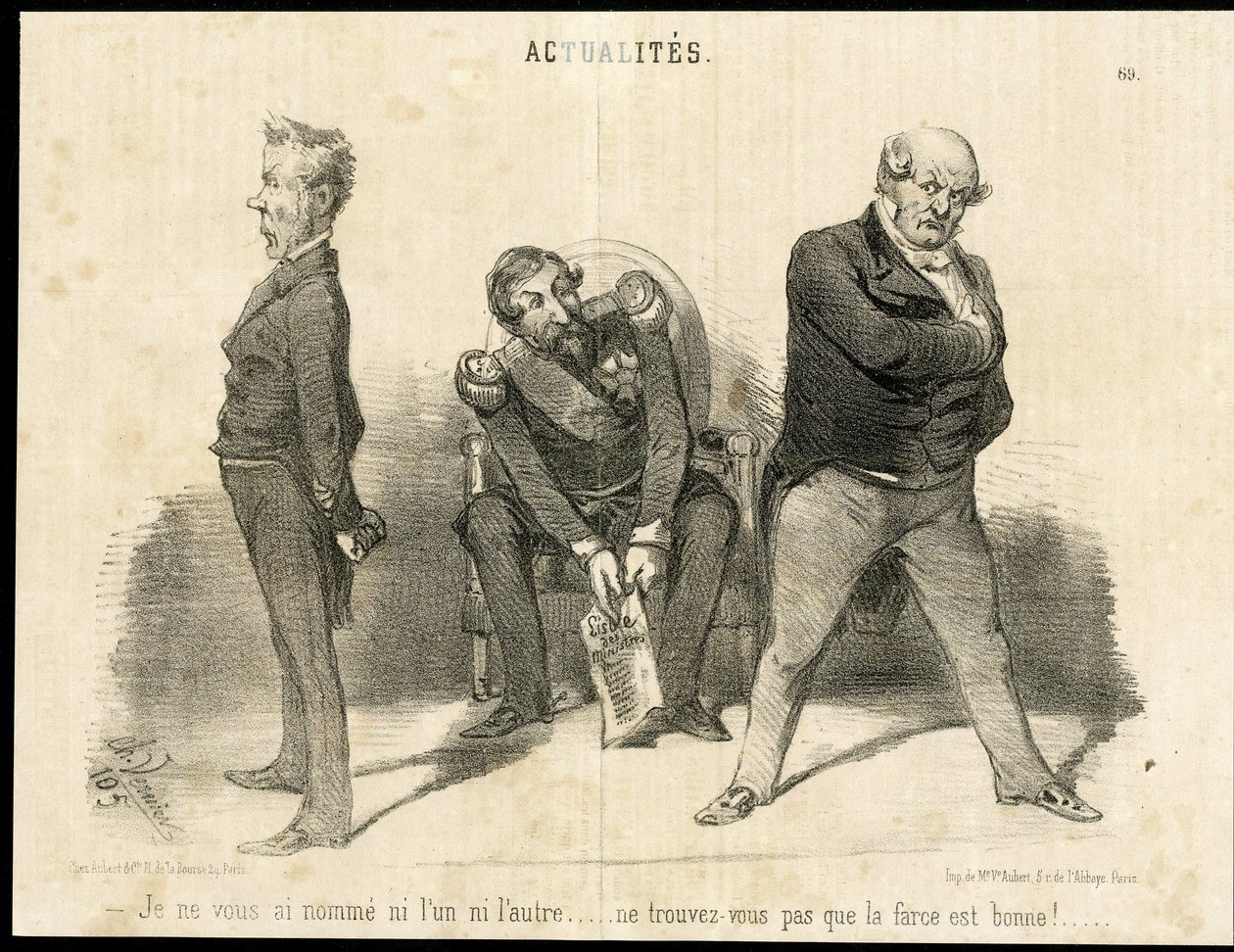 Ilustração de Charles Vernier (? -1887) em Le Charivari - Presidente da República, Ministro, Poltrona (símbolo do poder) - Napoleão III, Barrot Odilon (1791-1873), Ministro, Faucher Leon (1803-1854) de Charles Vernier