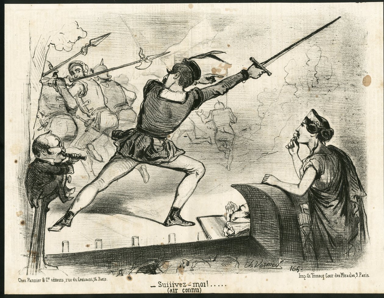 Ilustração de Charles Vernier (? -1887) em Le Charivari - Teatro, Presidente da República - Thiers Adolphe, Napoleão III de Charles Vernier