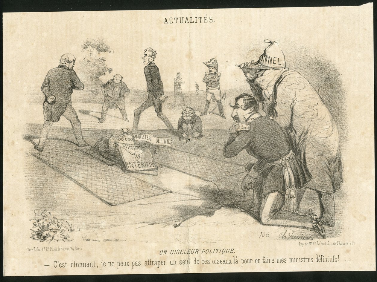 Ilustração de Charles Vernier (? -1887) em Le Charivari - Un oiseleur politique - Presidente da República, Ministere de l