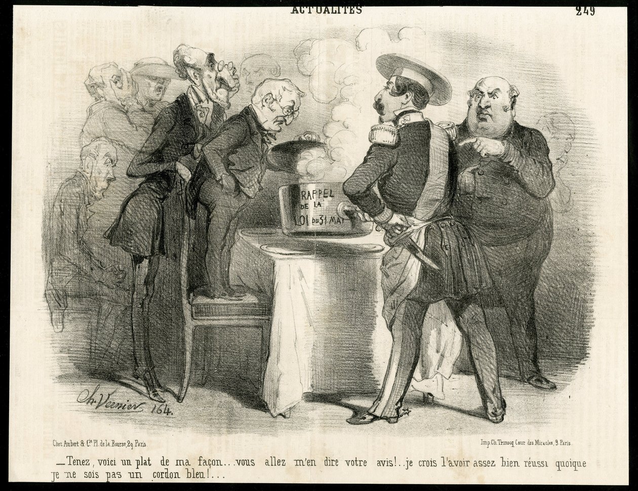 Ilustração de Charles Vernier (? -1887) em Le Charivari, cerca de 1851-11 - Lembrete da lei de 31 de Maio de 1850 - Eleições, Presidente da República, Tamanho, Lei, Direito de voto - Thiers Adolphe, Napoleão III, Dupin Andre-Marie dit Dupin aine (1783-1865 de Charles Vernier