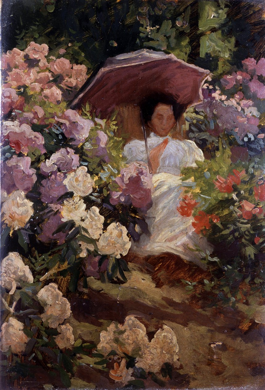 Rapariga com um guarda-sol. Rapariga com um guarda-sol num jardim em flor. Pintura de Charles Wellington Furse (1868-1904 Inglês) Coleção particular de Charles Wellington Furse