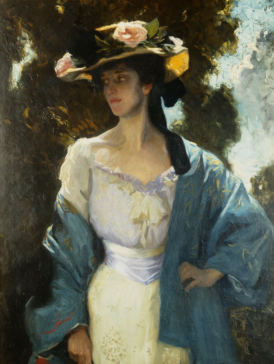 Retrato de Frances Josephine Furse, cunhada da artista, vestindo uma jaqueta azul oriental, 1903 de Charles Wellington Furse
