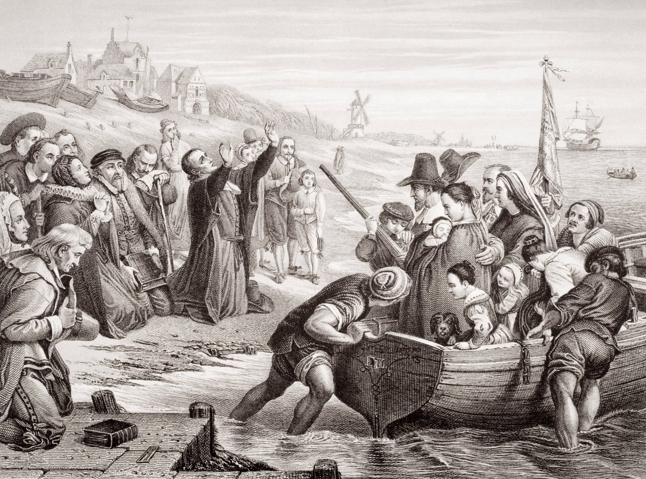 Partida dos Padres Peregrinos de Delft Haven em julho de 1620, de &39;Ilustrações da História Escocesa e Inglesa&39; Volume I (gravura) de Charles West Cope