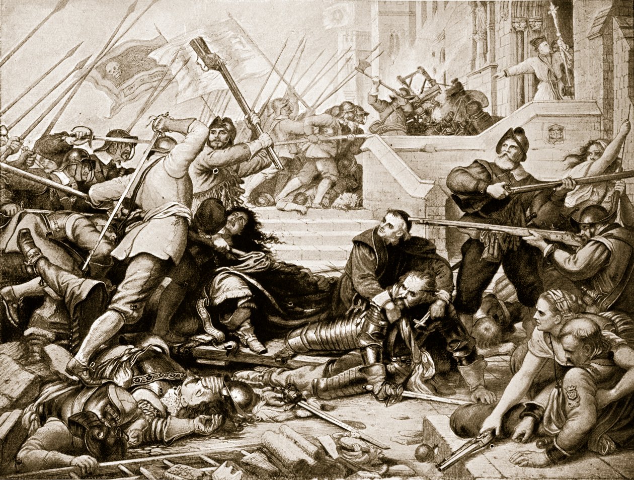 A defesa de Basing House, 1645, ilustração da "Hutchinson&39;s Story ofthe British Nation", c.1923 de Charles West Cope