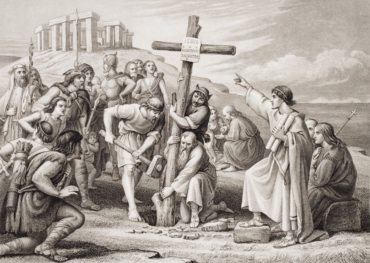 A primeira pregação do cristianismo na Grã-Bretanha, de "Ilustrações da história escocesa e inglesa", Volume I de Charles West Cope