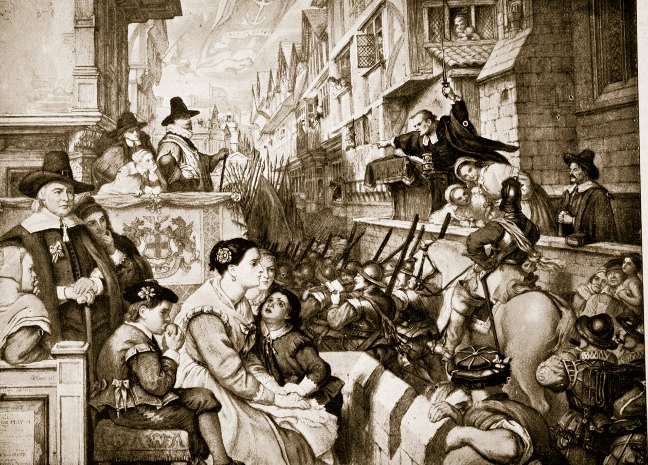 As bandas de trem partem de Londres, ilustração da "História da nação britânica" de Hutchinson, c.1923 de Charles West Cope