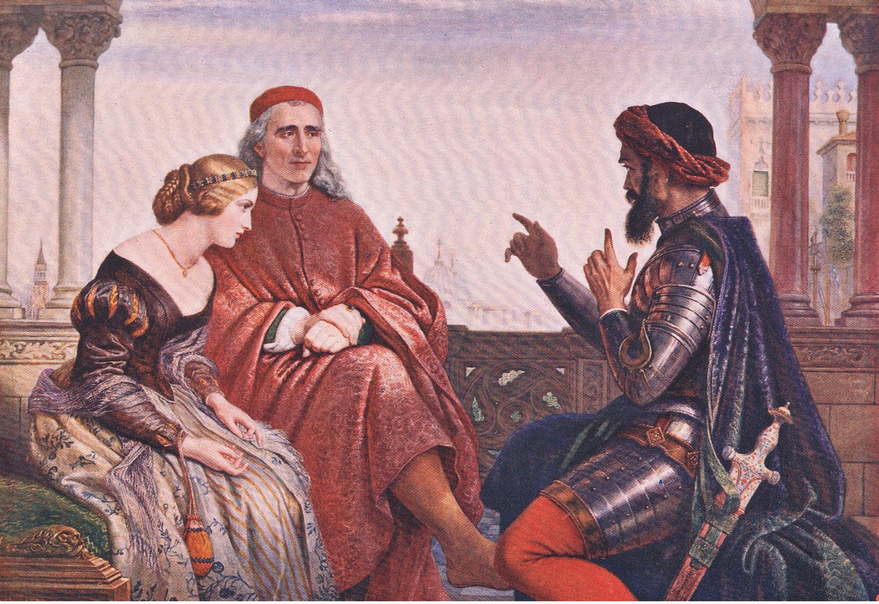 O cortejo de Desdemona (Othello) "Onde eu falei das mais desastrosas oportunidades, de acidentes de movimentação por inundação e campo" , de The Complete Works of William Shakespeare pub.by J Coker & Co Ltd (color litho) de Charles West Cope