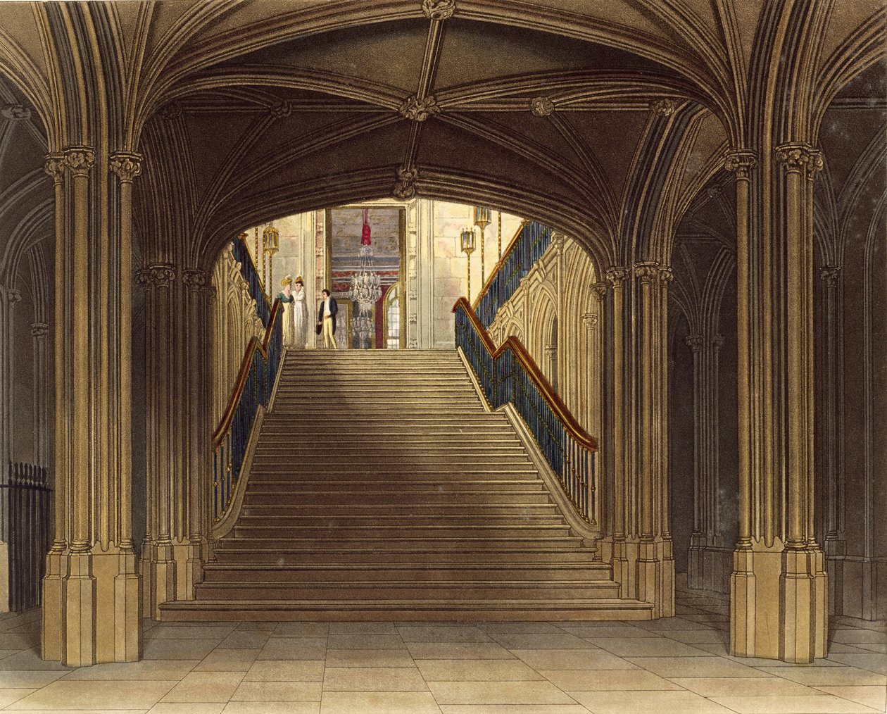 Uma Escadaria, Castelo de Windsor, de &39;Royal Residences&39;, gravada por WJ Bennett, pub. por William Henry Pyne (1769-1843), 1818 (aquatinta) de Charles Wild